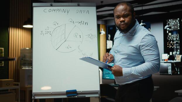 Male advisor drawing candlestick charts on a white board to review reports after hours, collecting monthly data and scribbling projections for risk assessment and research. Forecasting. photo
