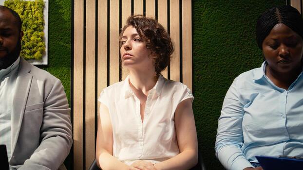 Close up of female job applicant being nervous and shaking in the hallway, waiting in line and getting impatient due to anxiety and pressure of getting a job. Queue lineup on corridor. Camera A. photo