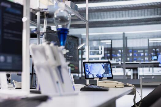 Tablet in lab with app interface showing genetic markers associated with disease risk. Digital device in laboratory used to study DNA strand mapping with genomics analysis program photo