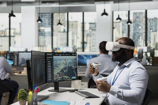 RD office expert using VR headset to oversee power lines and VAWT turbine design sustainable infrastructure. CAD designer uses virtual reality simulation to model wind farm layouts and electric grids photo