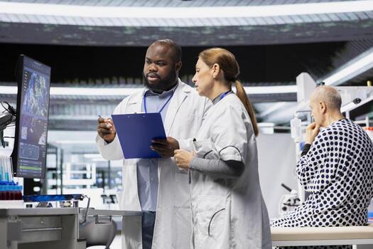 Lab scientists team conducting clinical trial in a research lab and observing patient during drug testing, recording dosage reactions and analyzing data to evaluate safety or risk. photo