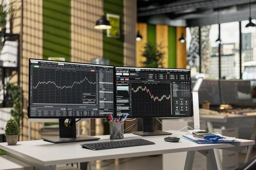 Computer monitors in forex company office displaying stock exchange price charts. PC screens showing with stock market financial software trading platform interface in prop firm workspace photo