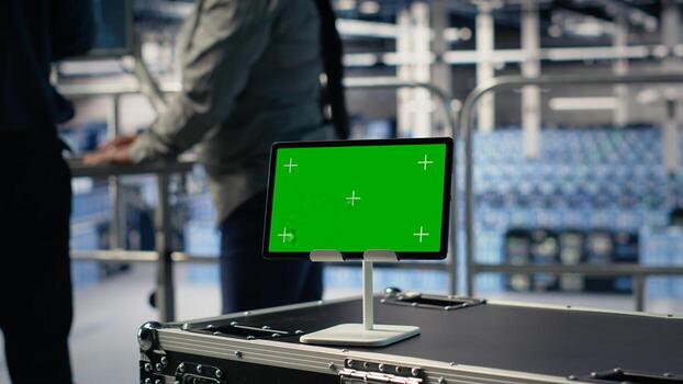 datos centrar eso profesionales cheque ai tablero utilizando aislado pantalla tableta. servidor habitación desarrolladores prueba artificial inteligencia herramientas en croma llave dispositivo a garantizar de confianza actuación, cámara si foto