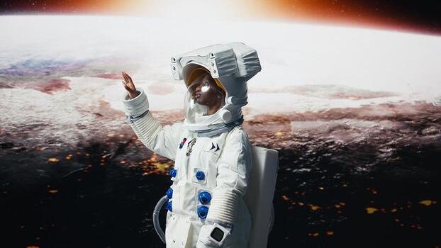 Smiling astronaut preparing to land on outer space celestial body. Jolly cosmonaut in high tech suit exploring deep space with starship, doing Martian surface research, rotating 360 degrees, camera A photo