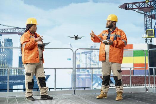 Worker using automated drone system to inspect integrity of offshore platform infrastructure. Drilling rig employee using aerial photography technology to detect malfunction in subsea pipelines photo