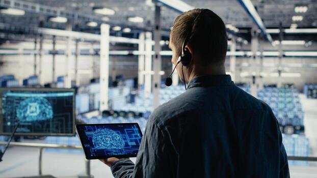 Data center engineer using AI on tablet to help clients resolve website hosting problems. Server hub tech support specialist helping users keep their online services running smoothly, camera B photo