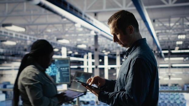 Data center technician monitors machine learning process with tablet, reviewing operational metrics. IT expert using device to review neural networks reports during inspection, camera B photo