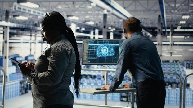 Server room tech support specialist guides clients through setting up secure company data backups. System administrator in data center helps users fix system errors on servers, camera B photo