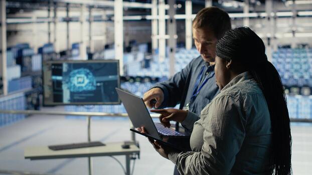 Server room coworkers use laptop to install updates and keep AI systems running. Data center engineering team uses notebook to write code improving infrastructure output, camera B photo