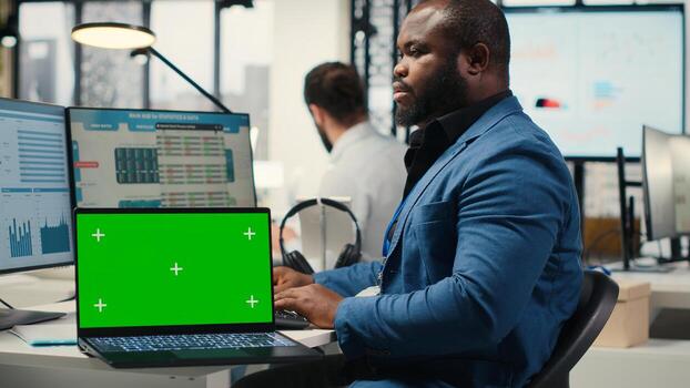 Office advisor examining KPI indicators next to isolated copy space, establishing a new growth plan and strategy to drive innovation. Business development and productivity. Camera B. photo