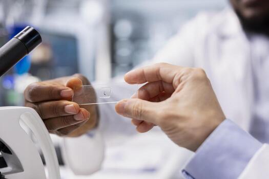 Close up of assay development specialist examining microscope glass slide in laboratory to view cells. High tech lab employee checks sample slide before imaging process using optical device photo