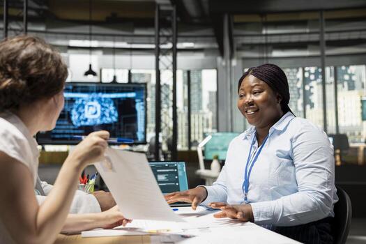 HR recruiting team uses AI and software automation to evaluate CVs after interviewing multiple applicants, scan profiles and apply machine learning for smart selection of the right job seeker. photo