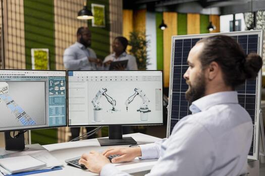 RD department worker uses CAD software to optimize sustainable solar panel fabrication with advanced robotic assembly lines. Alternative energy expert innovates solar manufacturing processes photo