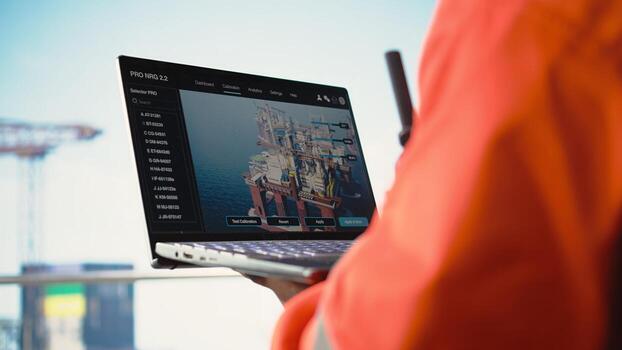 Close up of laptop used by drilling rig worker to monitor infrastructure systems. Offshore installation manager calibrating equipment with notebook device software, photo