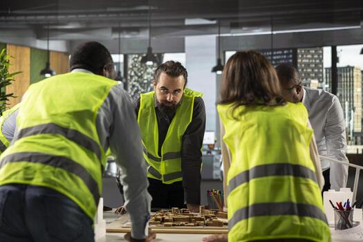 Property developers and architects in business meeting reviewing blueprints and structural designs. Team discusses project approval, redevelopment and city planning for housing growth. photo