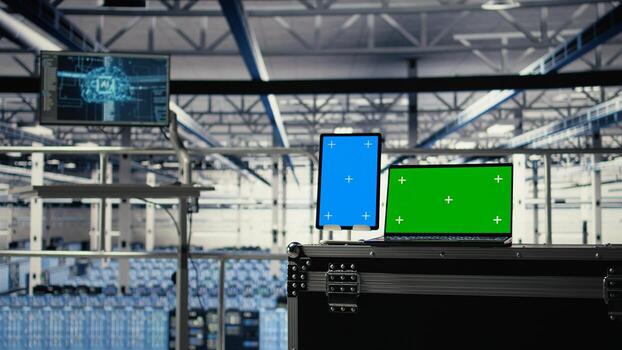 Isolated screen tablet and laptop in industrial data center with machines verifying blockchain transactions. Mockup notebook and device in server room with gear processing tokens exchanges photo