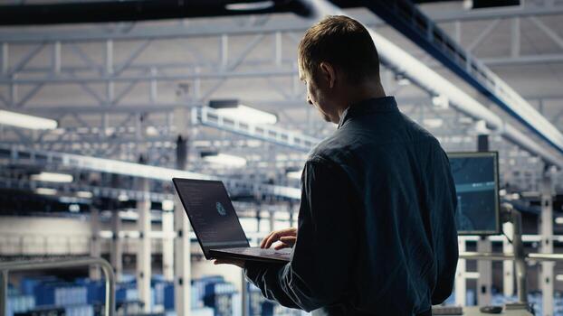 Data center engineer adjusts system settings to improve AI rigs processing speed and efficiency. Server hub employee manages infrastructure to support artificial intelligence workloads, camera B photo