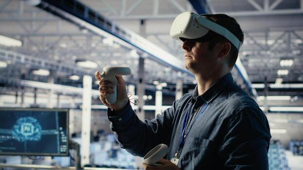 Data center system administrator uses virtual reality tech, improving AI rigs processing speed. Man in server farm wearing VR goggles to provide support for artificial intelligence workloads, camera B photo