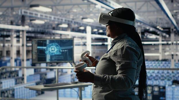 Data center technician using virtual reality, improving AI rigs processing speed. Server hub IT expert using VR headset to manage gear providing support for artificial intelligence workloads, camera B photo