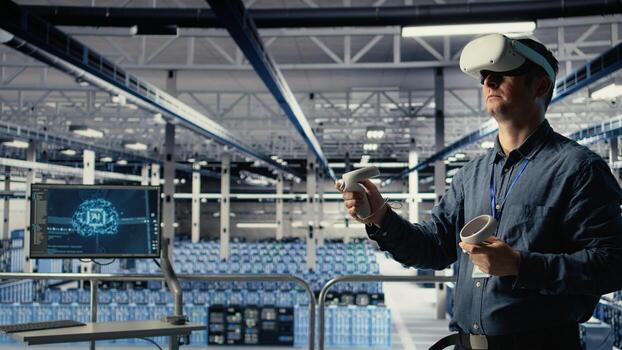 Data center system administrator uses virtual reality tech, improving AI rigs processing speed. Man in server farm wearing VR goggles to provide support for artificial intelligence workloads, camera A photo
