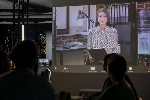 Enterprise team joining advisory board discussion after hours with CEO, connecting with the boss to establish finance targets and align project strategy through live remote web conversation. photo