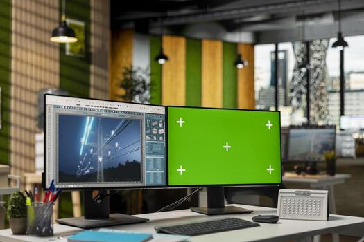 Empty clean tech company with design program used for eco power line towers on green screen computer. CAD app on chroma key PC used to optimize transmission tower systems, reducing carbon footprint photo