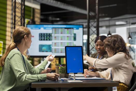 Team of diverse consultants create a strategy next to copy space on tablet, planning project agenda and setting goals in boardroom. Partners showcasing business operations efficiency. photo