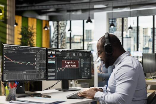 Trader in office receives suspicious login alert after unauthorized access detected on client trading account. Prop firm worker responding to trading platform account security warning photo
