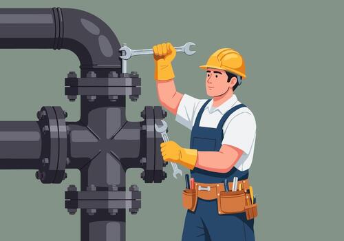 Professional technician in safety gear meticulously performs maintenance on a complex industrial pipeline system, utilizing wrenches for expert plumbing and engineering tasks vector
