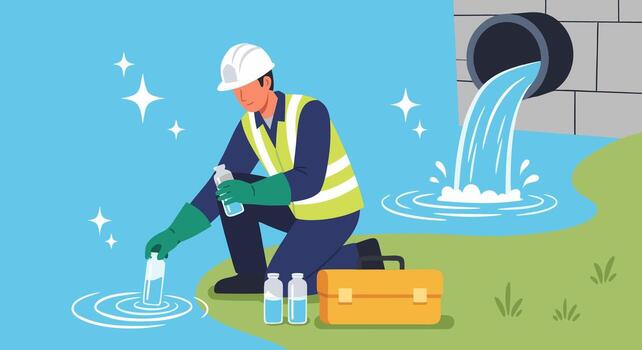 Water Quality Testing Scientist Taking Sample from River near Pipe Outlet vector