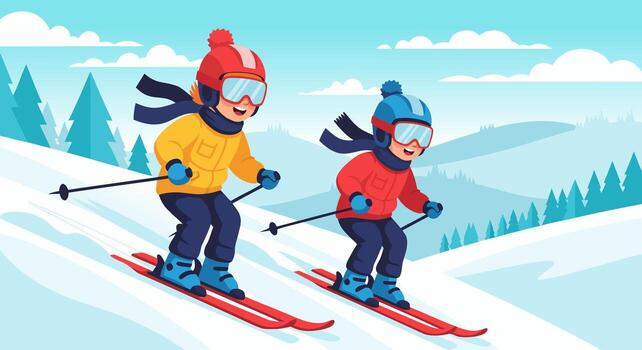 dos sonriente niños en calentar invierno ropa esquiar abajo un Nevado pendiente, disfrutando un divertido invierno actividad en un brillante, claro día con arboles y montañas en el antecedentes vector