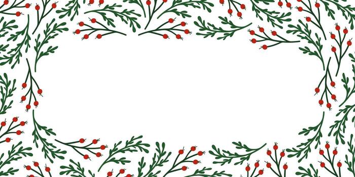 Navidad marco con verde rama y rojo baya formando un festivo rectangular frontera en un blanco antecedentes en plano estilo. vector