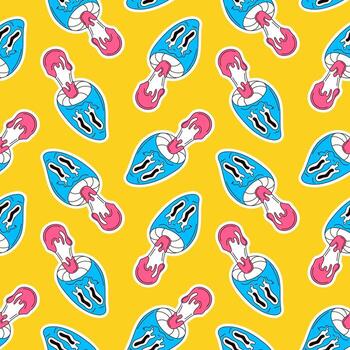 Seamless pattern of stylized blue and pink mushroom with dripping shape on a bright yellow background. Groovy cartoon psychedelic and playful design. vector