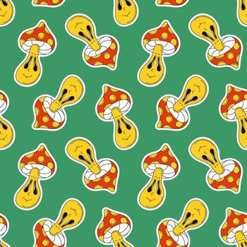 sin costura modelo de maravilloso dibujos animados estilo seta con sonriente cara en verde antecedentes. juguetón y caprichoso diseño para paño. vector