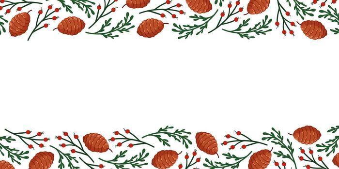 Christmas frame with pinecone, evergreen branch and red rowan berry in flat style. Design for card and invitation. vector