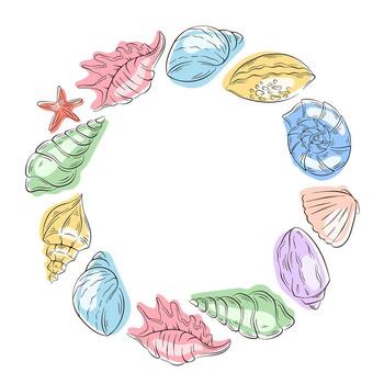 Circular wreath frame with flat style seashell, conch, nautilus, clam and starfish in pastel color on white background. vector