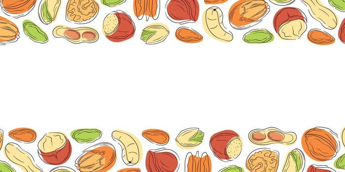 Border frame with nut, almond, cashew, peanut, walnut, hazelnut and pecan in flat style. Design for grocery store wallpaper with empty center space. vector