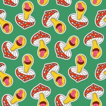 Seamless pattern of colorful psychedelic mushroom with eyes and protruding tongue on a green background in groovy cartoon style. vector