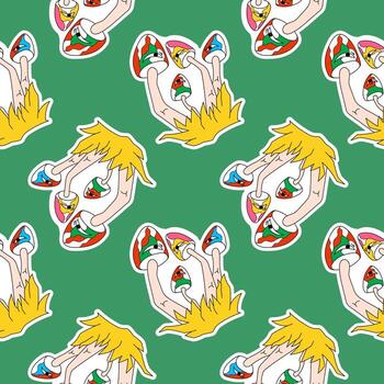 Seamless pattern with psychedelic mushroom on a green background in surreal and abstract groovy cartoon style. vector