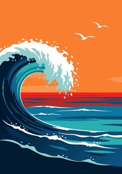 Ocean wave crashing with seagulls and a colorful sunset creating a tranquil seaside scene vector