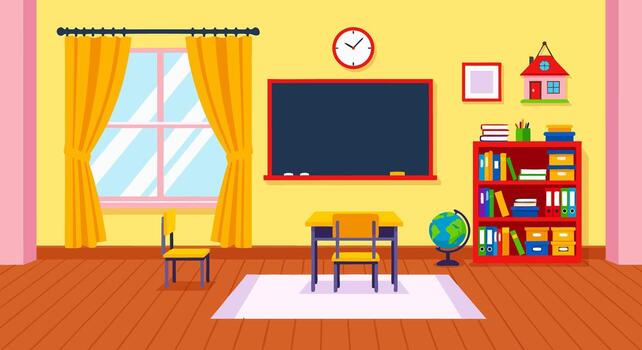 vibrante vacío elemental colegio salón de clases ilustración con pizarra, escritorio, y estante para libros, ideal para educativo contenido, enseñando materiales, o para niños aprendizaje proyectos vector