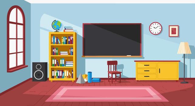 Vibrant Empty Classroom Interior with Blackboard, Bookshelf, and Globe for Educational Concepts, Flat Illustration Background vector