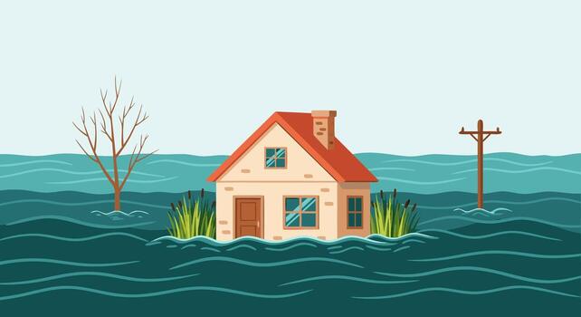 Conceptual illustration of a residential house submerged in deep floodwaters, representing the devastating consequences of climate change, extreme weather, and natural disasters vector