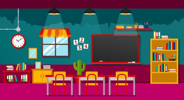 Classroom interior scene with desks, a blackboard, shelves, and windows, illustrating a learning environment vector