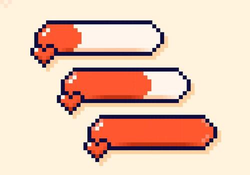 Energy live bars with heart simbols drawn in pixel art 8 bit style. vector
