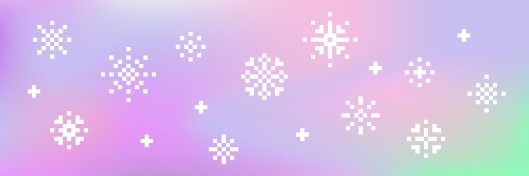 Pixel art 8 bit white snowflakes on color gradient background. vector