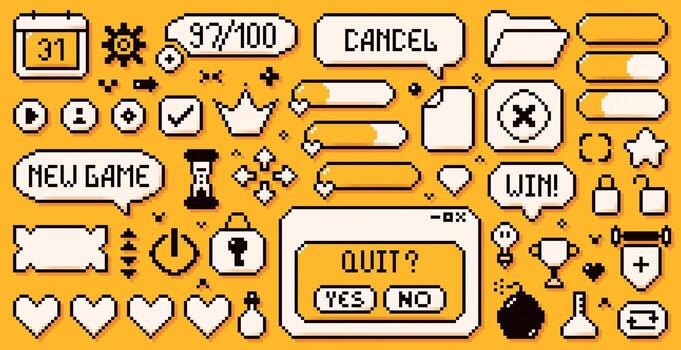 A large set of pixel game art 8 bit icons drawn in a yellow and white color scheme. Speech bubbles, hearts, crown and many other elements. vector