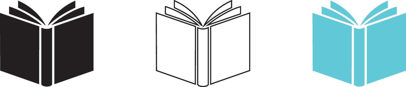 Three stylized open books in black white and cyan representing knowledge and learning vector