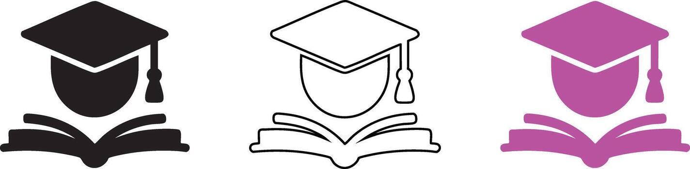 Graduation cap and open book icons representing education and achievement in three styles vector