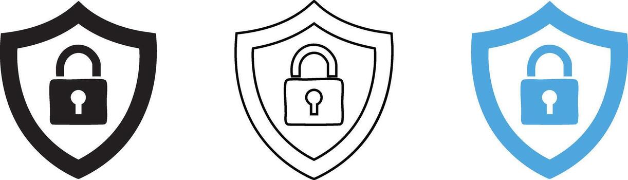 Three stylized shields with padlocks representing security and protection in different styles vector